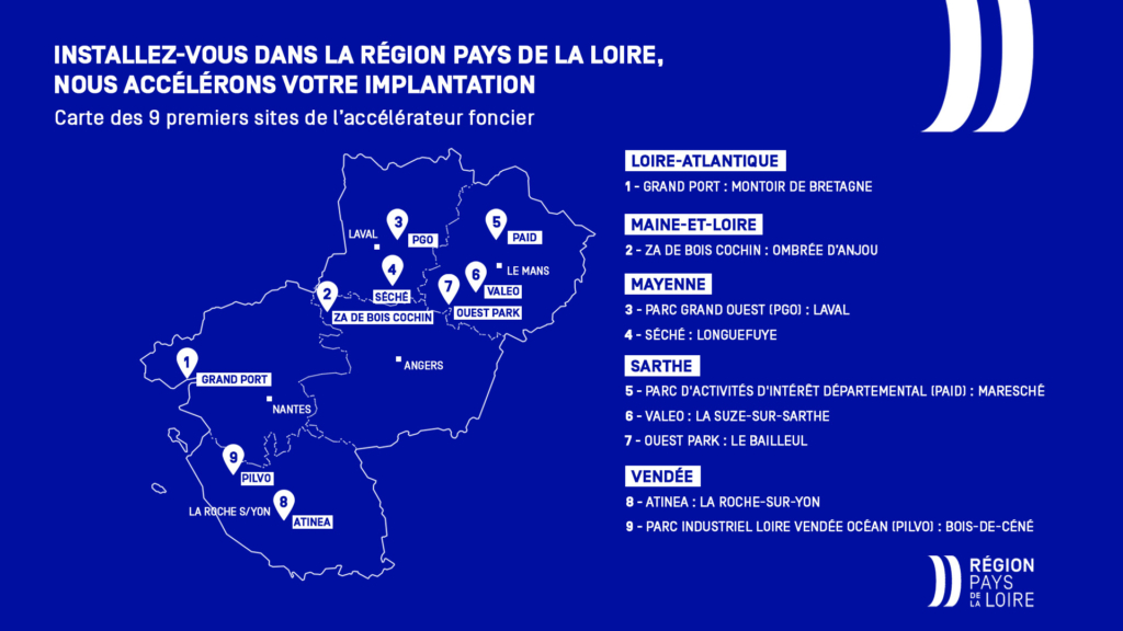 Carte des 9 grands sites industriels en Pays de la Loire